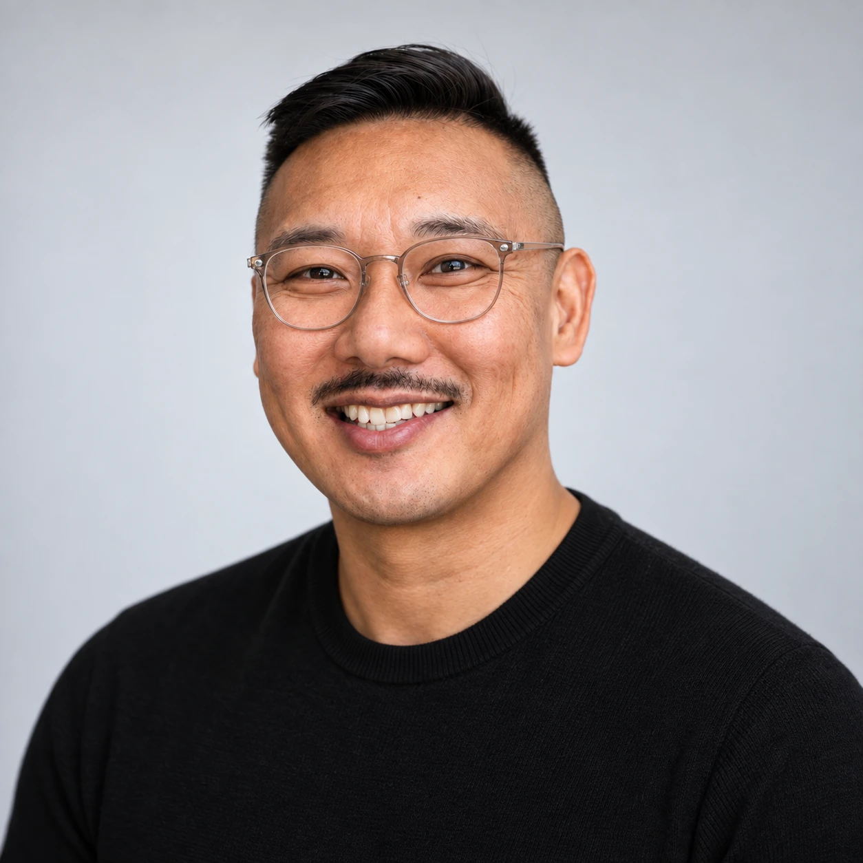 JC Navarro smiling, wearing glasses and a black shirt