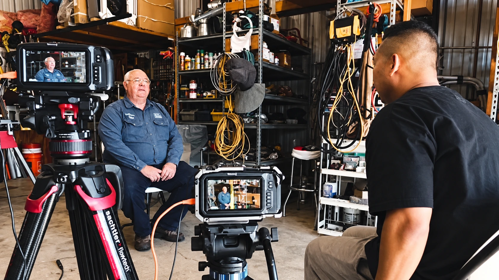 JC conducting a customer interview on a film set